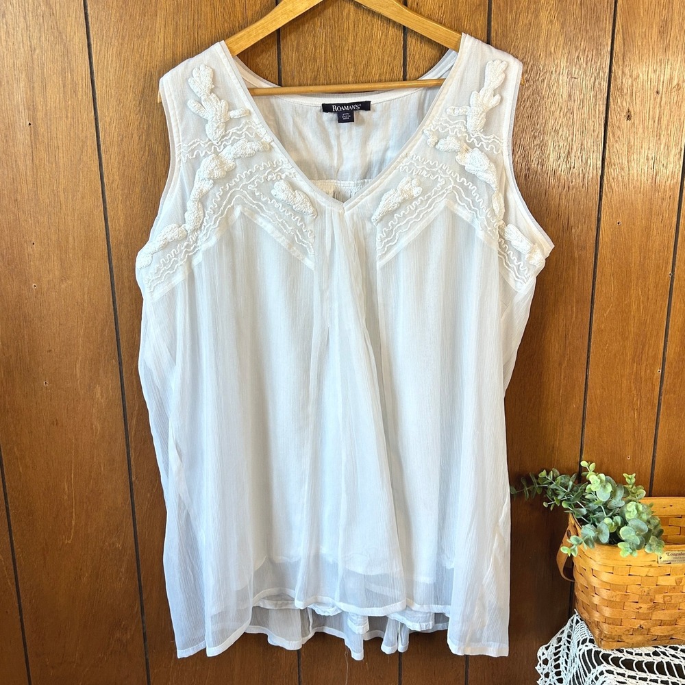 Roamans 22W White V-Neck Sleeveless‎ Embroidered Sheer Overlay Gauzy Tank Top
